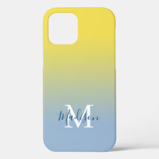 Modern Name Monogram Yellow to Light Blue Gradient iPhone 12 Case