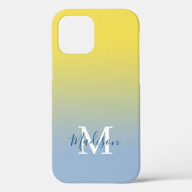 Modern Name Monogram Yellow to Light Blue Gradient Case-Mate iPhone Case (Back)