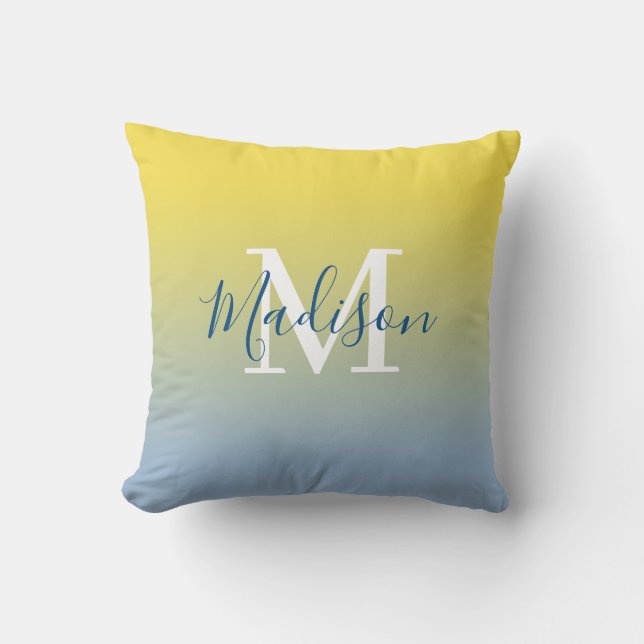 Modern Name Monogram Yellow to Light Blue Gradient Throw Pillow (Front)