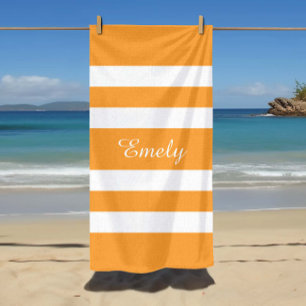 Modern Name Orange Striped Pool Beach Towel