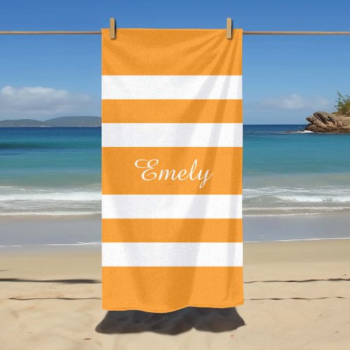 Modern Name Orange Striped Pool  Beach Towel