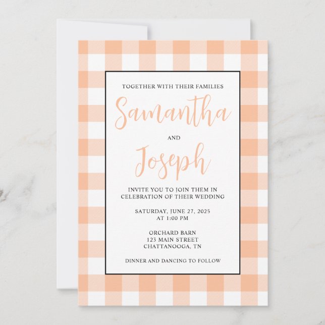 Modern Name Peach Gingham Country Wedding Invitation (Front)