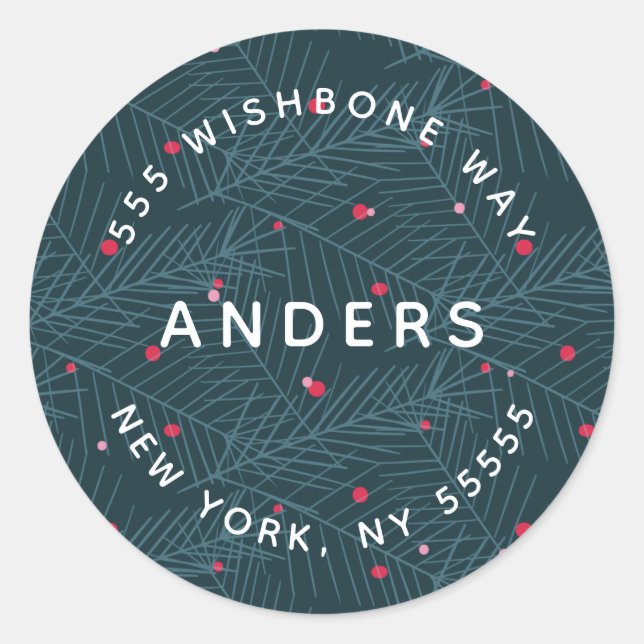 Modern Name Personalized Holiday Spruce Address Classic Round Sticker (Front)