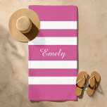 Modern Name Pink Striped Pool  Beach Towel