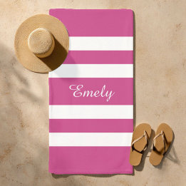 Modern Name Pink Striped Pool  Beach Towel