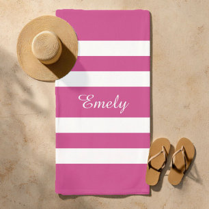 Modern Name Pink Striped Pool  Beach Towel