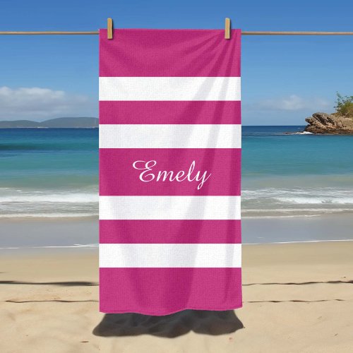 Modern Name pink Striped Pool  Beach Towel