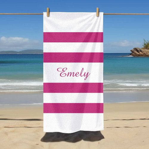 Modern Name pink Striped Pool  Beach Towel