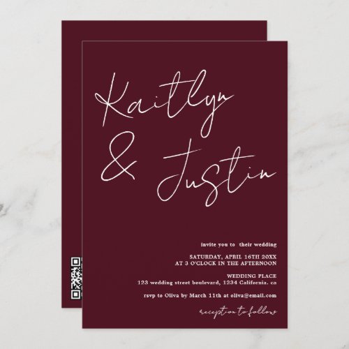 Modern name script calligraphy burgundy wedding invitation