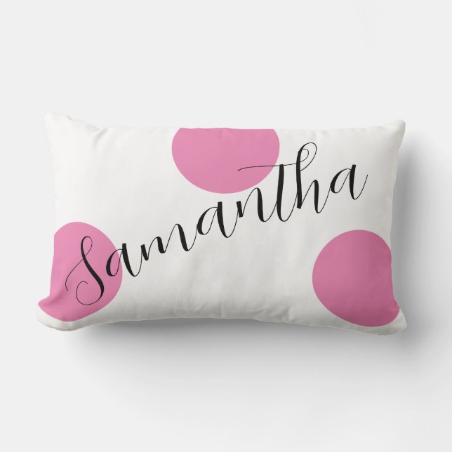 Modern Name Script Large Pink Polka Dots Lumbar Pillow (Front)
