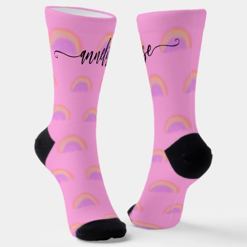 Modern name script personalized pink rainbow  socks