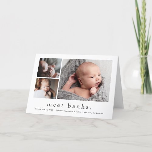 Modern Name Simple 3 Photo Collage Baby Birth Announcement