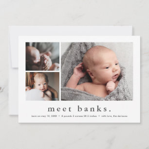 Modern Name Simple 3 Photo Collage Baby Birth Announcement