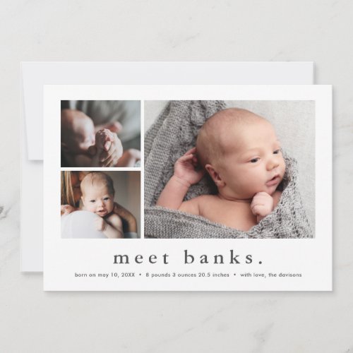 Modern Name Simple 3 Photo Collage Baby Birth  Announcement