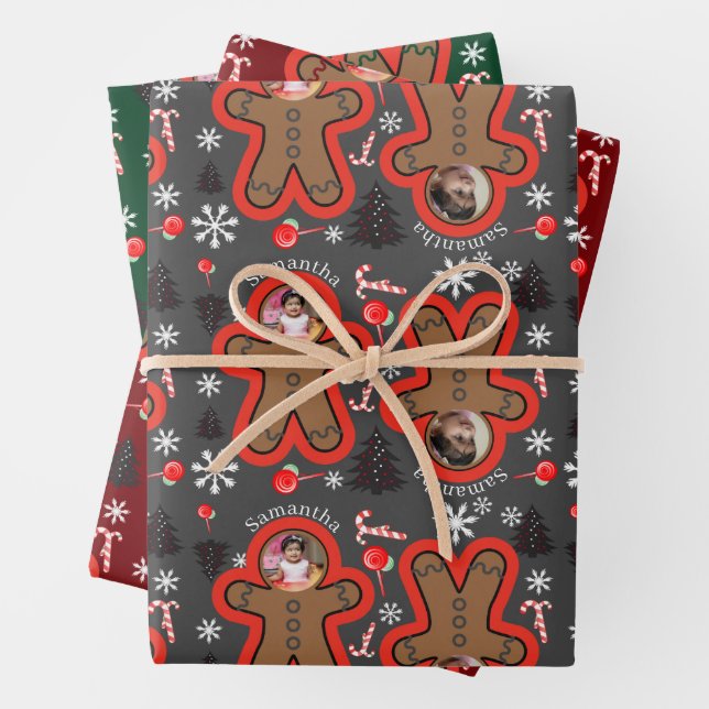 Modern Name Two photo Christmas Gingerbread Man 3  Wrapping Paper Sheets (In situ)