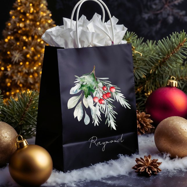 Modern Name Watercolor Script Merry Christmas Medium Gift Bag (Creator Uploaded)