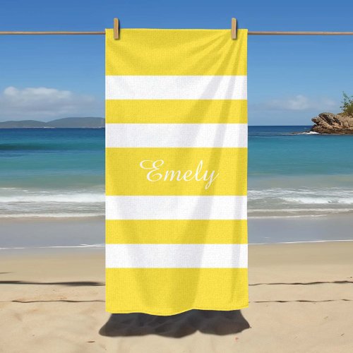 Modern Name Yellow Striped Pool  Beach Towel