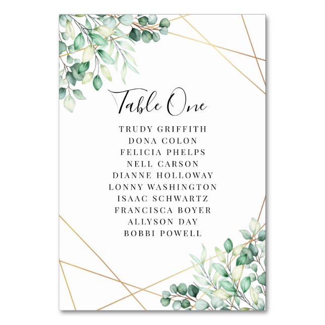 Modern Names Greenery Eucalyptus Geometric Wedding Table Number (Front)