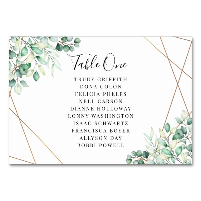 Modern Names Greenery Eucalyptus Geometric Wedding Table Number (Back)