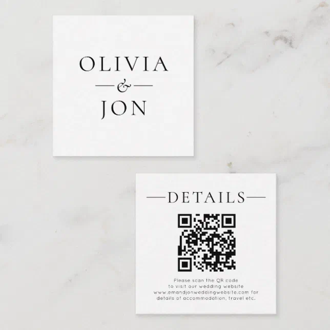 Modern Names QR Code Black White Wedding Details Enclosure Card | Zazzle
