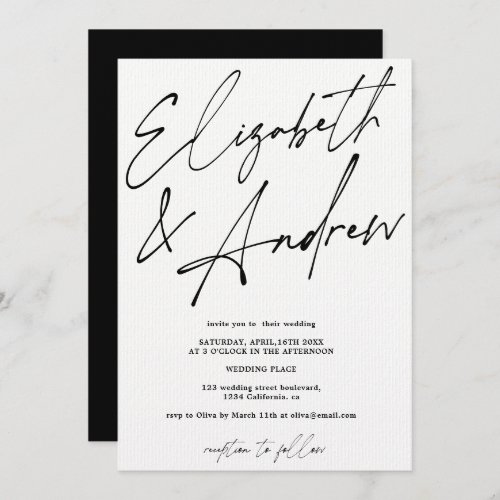 Modern names script calligraphy black wedding invitation
