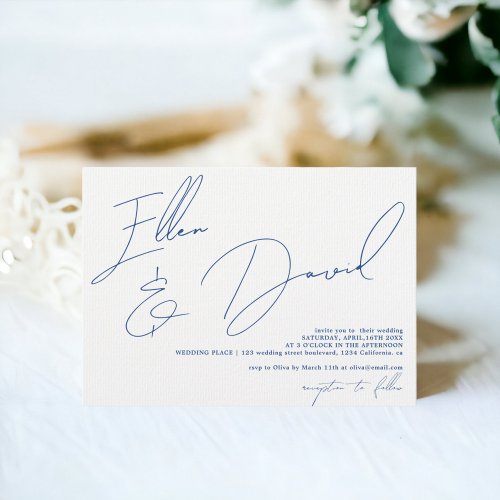 Modern names script calligraphy blue wedding invitation