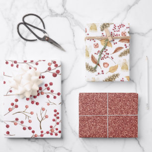Modern Natural Red Berry Watercolor Wrapping Paper Sheets
