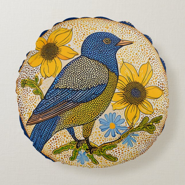 Modern Nature Bird with Patterned Style Floral  Round Pillow (Front)