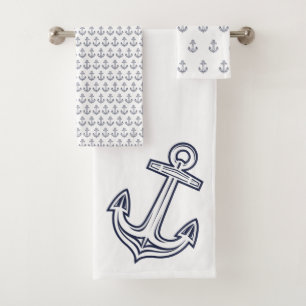 Modern Nautical Anchor  Bathroom Navy blue white  Bath Towel Set
