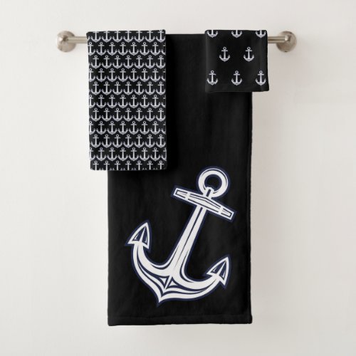 Modern Nautical Anchor  Bathroom Ocean black white Bath Towel Set