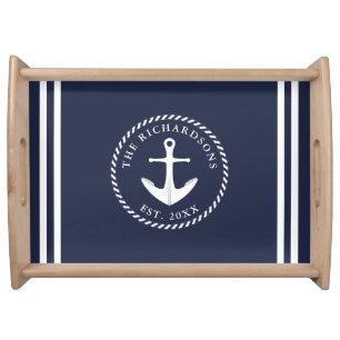 Modern Nautical Anchor Blue and White Custom Serving Tray