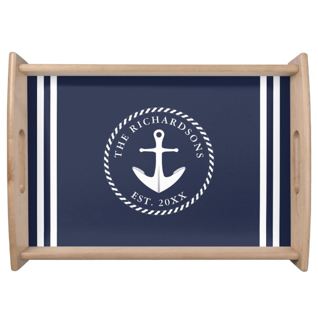 Modern Nautical Anchor Blue and White Custom Serving Tray (Front)