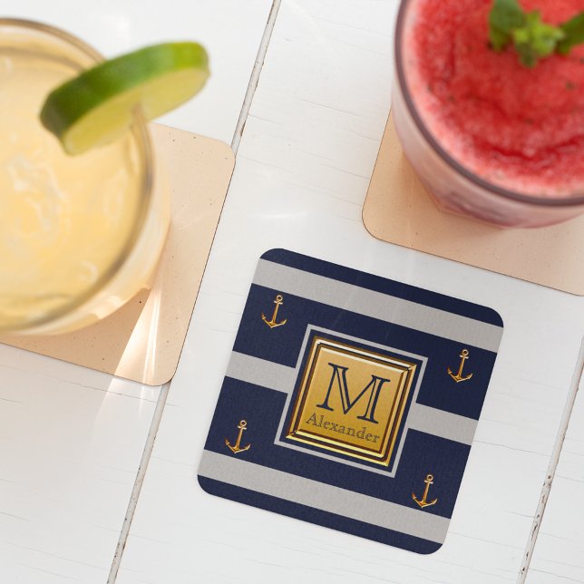 Modern Nautical Anchor Blue Gold Gray Monogram Square Paper Coaster (Creator Uploaded)