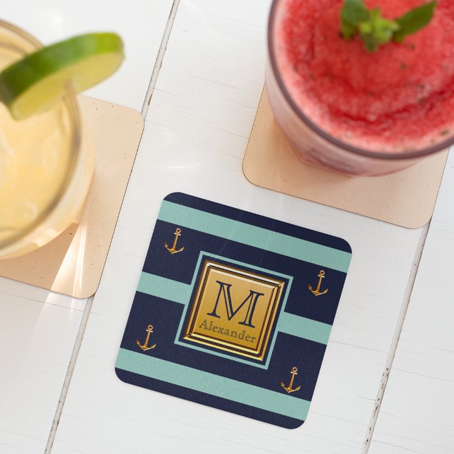 Modern Nautical Anchor Blue Gold Monogram Square Paper Coaster (Creator Uploaded)