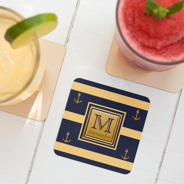 Modern Nautical Anchor Blue Gold Yellow Monogram Square Paper Coaster (Creator Uploaded)
