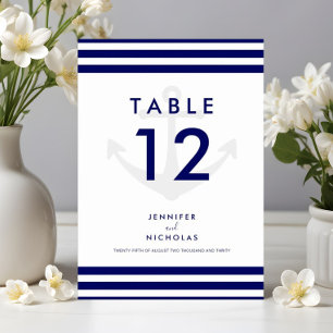 Modern Nautical Anchor Blue Stripes Wedding Table Number