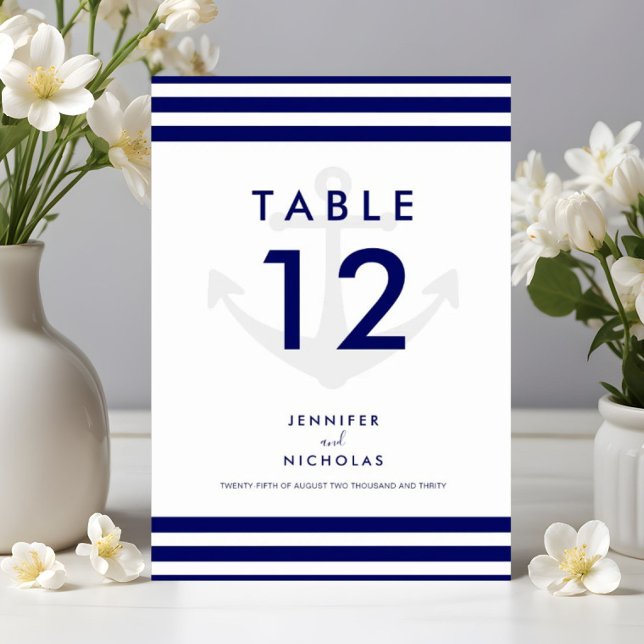 Modern Nautical Anchor Blue Stripes Wedding Table Number (Modern Nautical Anchor Blue Stripes Wedding Table Number)