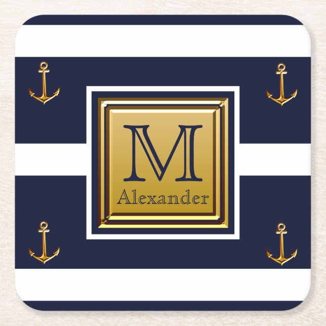 Modern Nautical Anchor Blue White Gold Monogram Square Paper Coaster (Front)