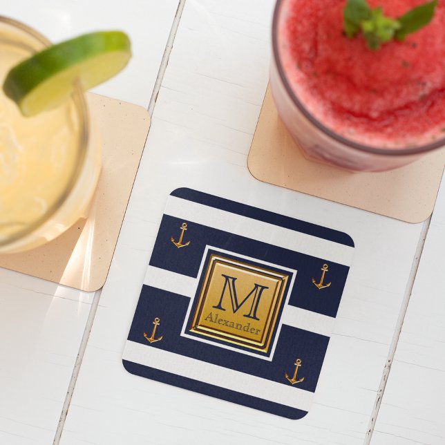 Modern Nautical Anchor Blue White Gold Monogram Square Paper Coaster (Creator Uploaded)