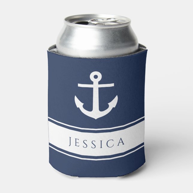 Modern Nautical Anchor Custom Name Navy Blue  Can Cooler (Can Front)