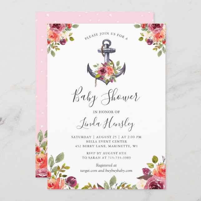 Modern Nautical Anchor Floral Girl Baby Shower Invitation (Front/Back)