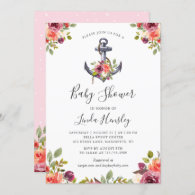 Modern Nautical Anchor Floral Girl Baby Shower Invitation