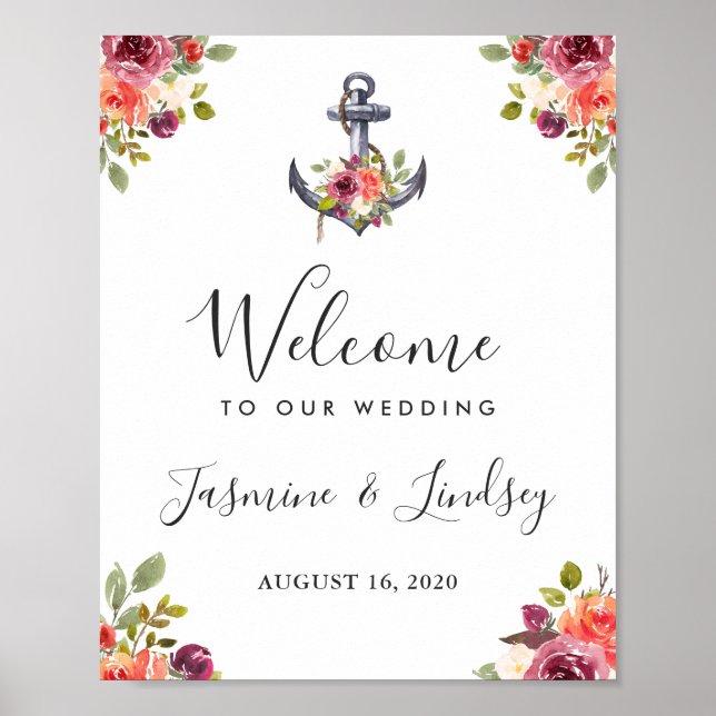 Modern Nautical Anchor Floral Wedding Welcome Sign (Front)