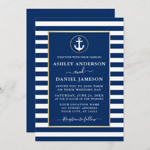 Modern Nautical Anchor Gold Blue Stripes Wedding Invitation