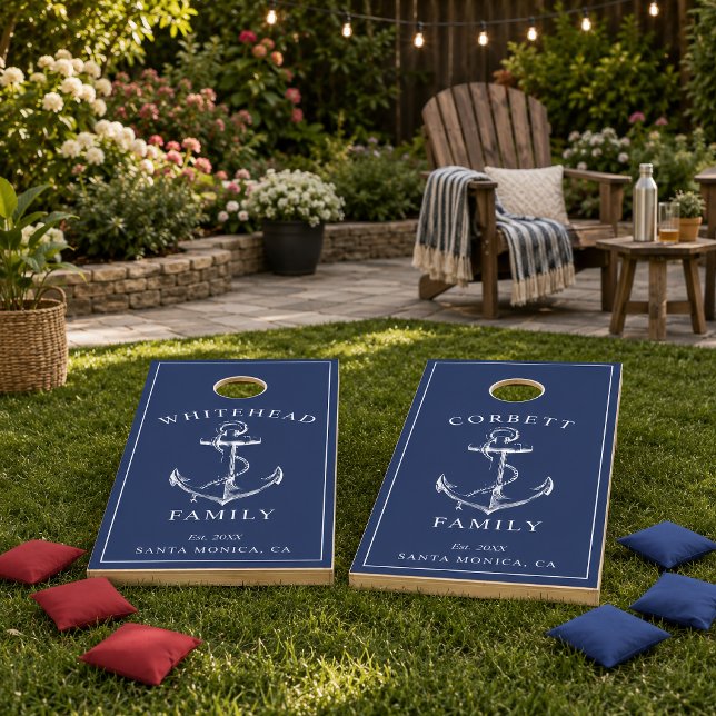Modern Nautical Anchor Monogram Navy Blue Cornhole Set (Experience backyard fun with this gorgeous nautical anchor monogram navy blue cornhole set.)