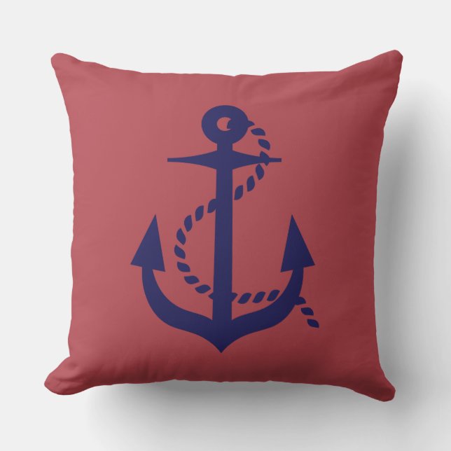Modern Nautical anchor Navy Blue and Red  Outdoor Pillow (Front)