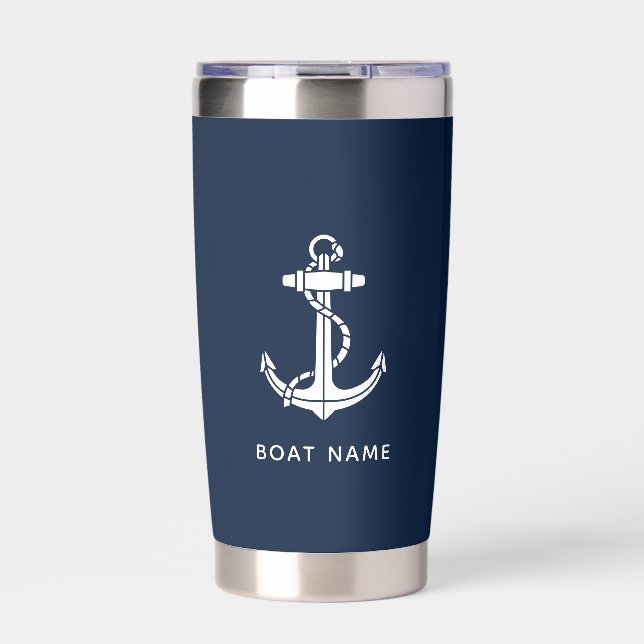 Modern Nautical Anchor Navy Blue Boat Name Custom Insulated Tumbler (Front)