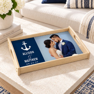Modern Nautical Anchor Navy Blue Wedding Photo Serving Tray