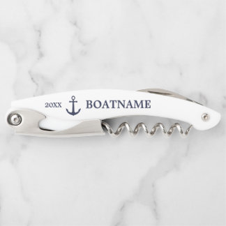 Modern Nautical Anchor Navy Blue White Custom Name Waiter's Corkscrew