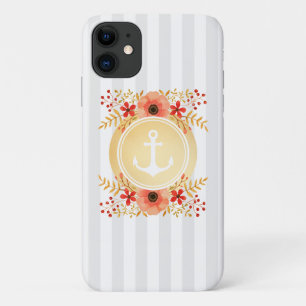 Modern Nautical Anchor Watercolor Floral Striped iPhone 11 Case